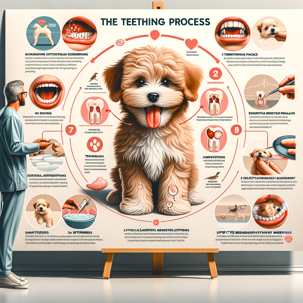 Infographic of a Maltipoo teething guide showcasing a Maltipoo puppy in its teething phase, teething symptoms, timeline, remedies, and a caring owner managing Maltipoo teething care for the article 'Teething Tots: A Guide to Helping Your Maltipoo During the Teething Phase'.