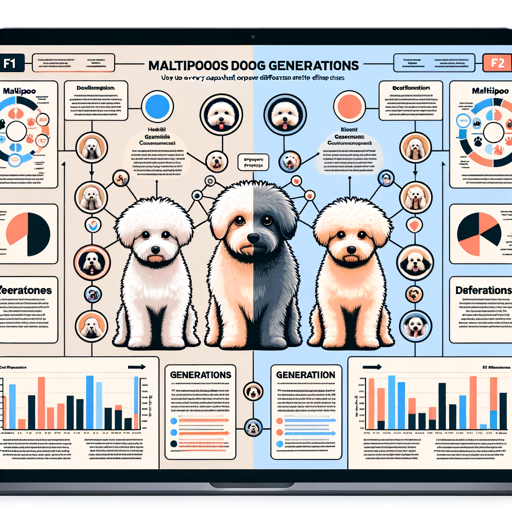 Infographic illustrating F1 and F2 Maltipoo generational traits, providing a comprehensive Maltipoo breed generation guide and highlighting the breed differences between F1 and F2 Maltipoos.