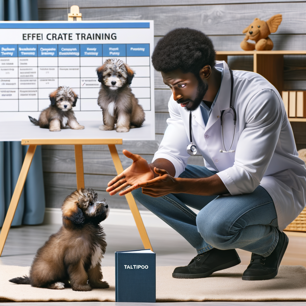 Professional trainer demonstrating Maltipoo crate training methods to a puppy with a crate training schedule and Maltipoo training guide, symbolizing crate training readiness for Maltipoos.