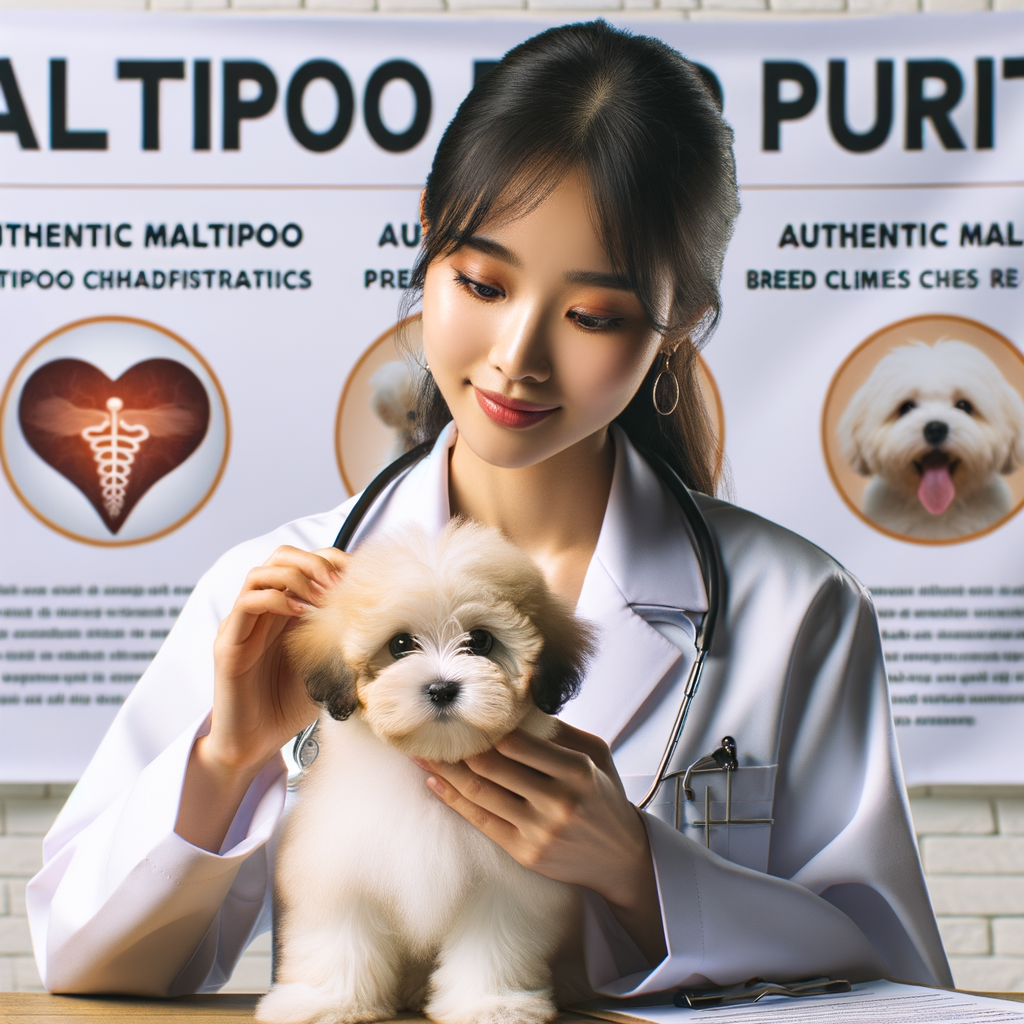 Professional vet verifying purebred Maltipoo characteristics and breed purity, using a checklist for Maltipoo breed identification and authenticity clues.
