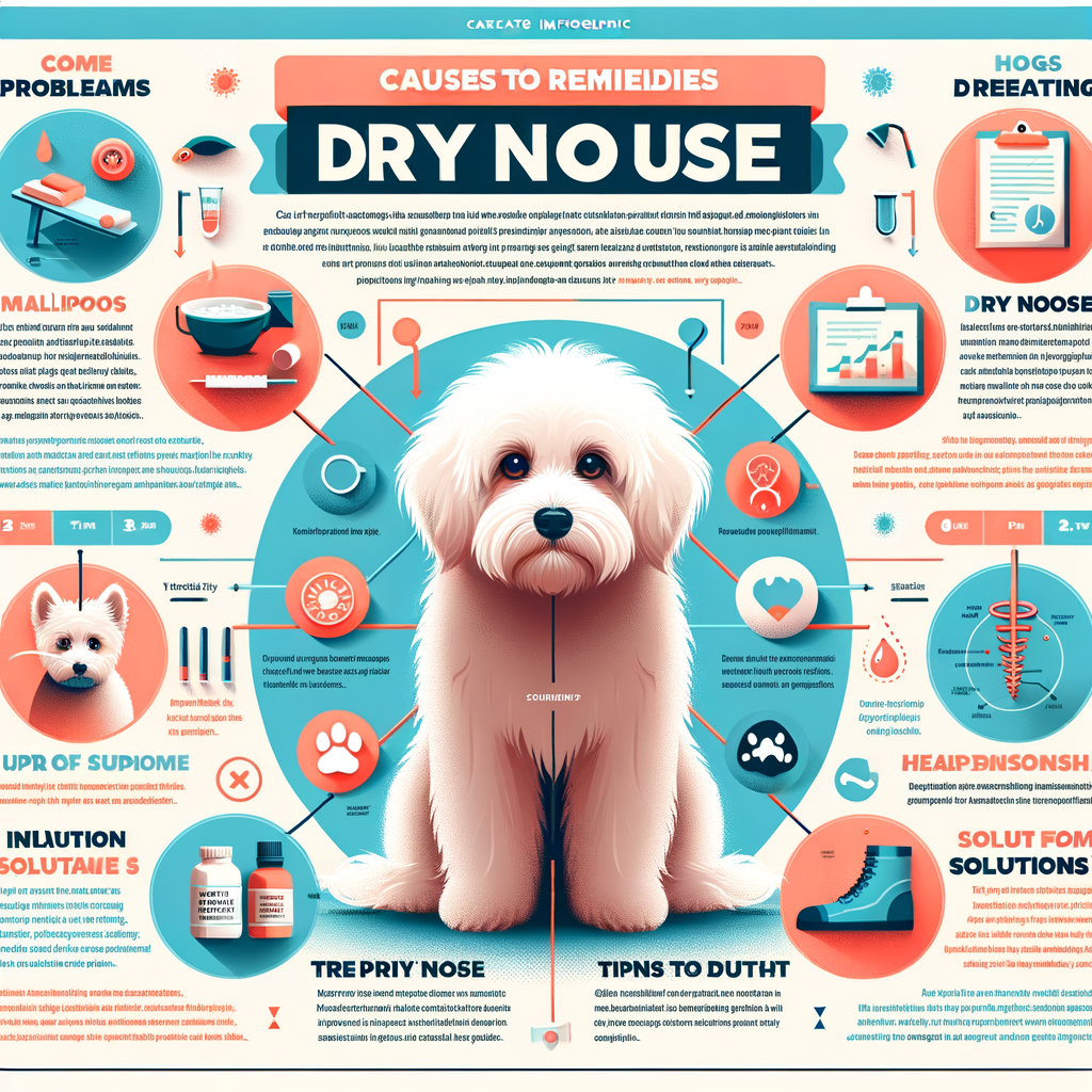 Infographic detailing causes and cures for Maltipoo dry nose, highlighting common Maltipoo health issues, dry nose symptoms, treatment methods, nose care tips, and remedies to promote Maltipoo nose health.